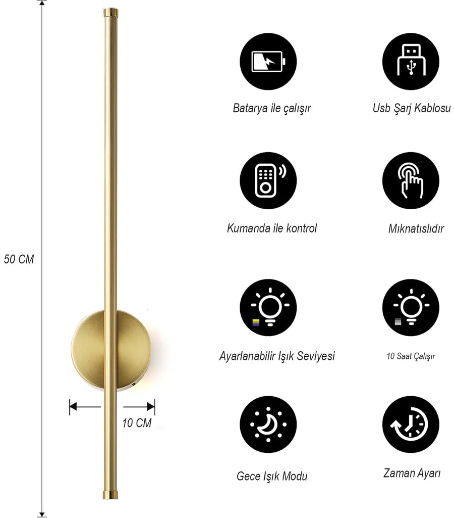 Duvara Yansımalı Şarjlı LED Gold Olta Aplik | ByLamp