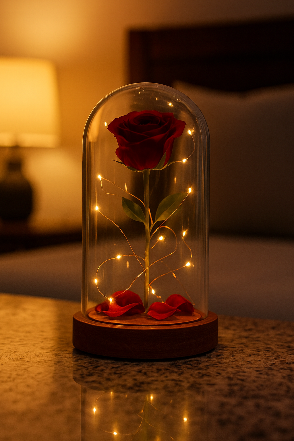 Kırmızı Gül Işıklı Fanus Led Masa Lambası