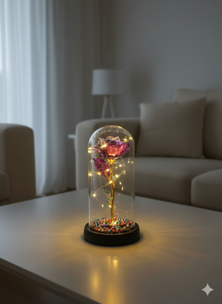 Sevgiliye Özel Işıltılı Mor Gül Fanus Lamba | ByLamp