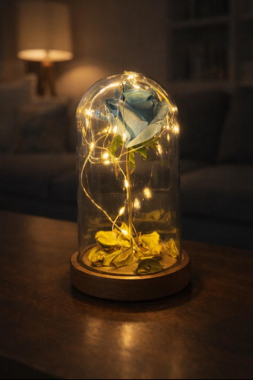 Blue rose illuminated glass fanus lamp