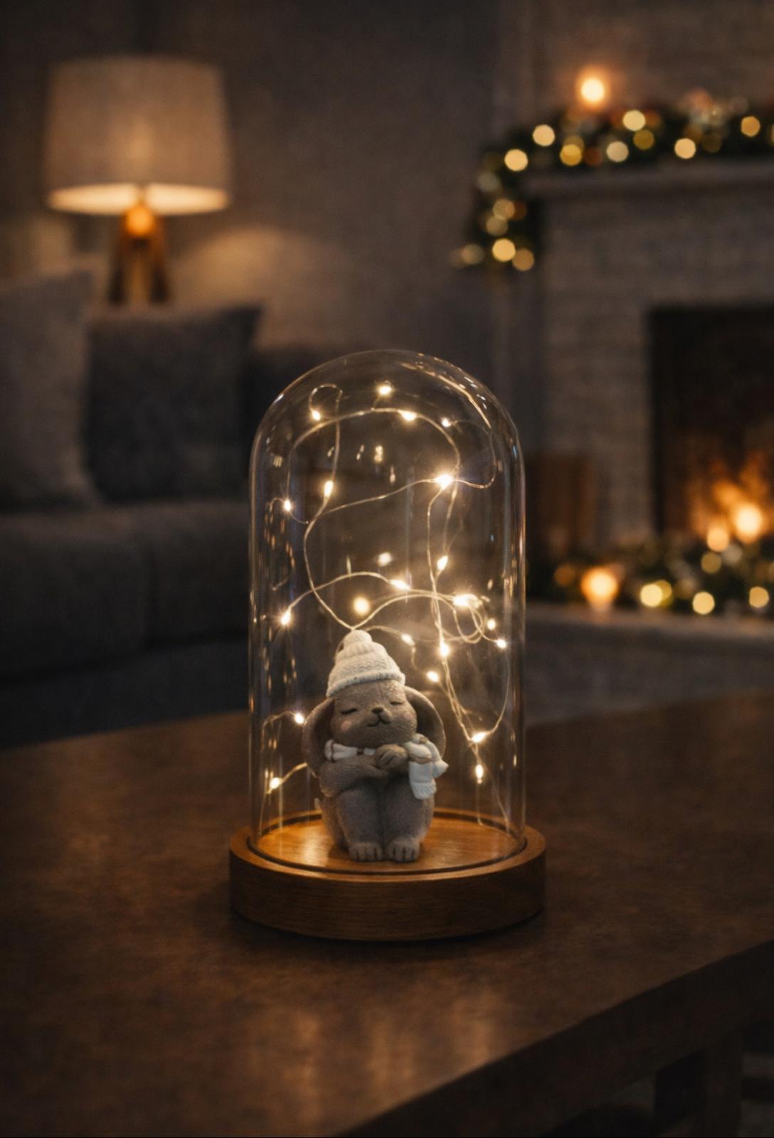 Işıklı Fanus Mavi Şapkalı Tavşan Figürlü Lamba