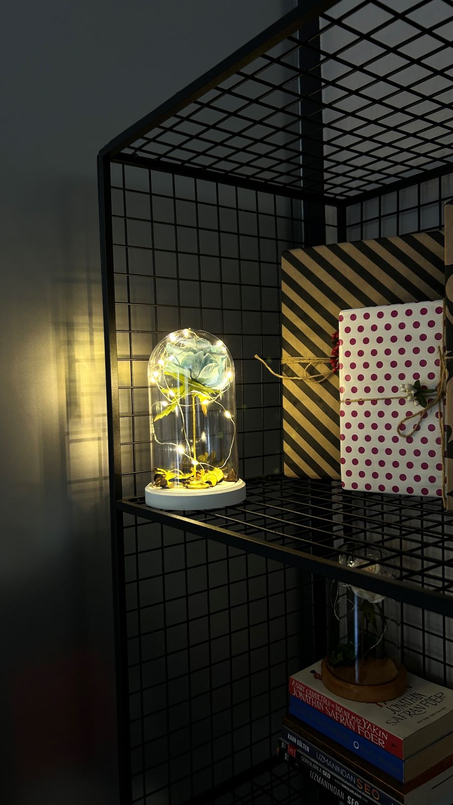 Blue rose illuminated glass fanus lamp