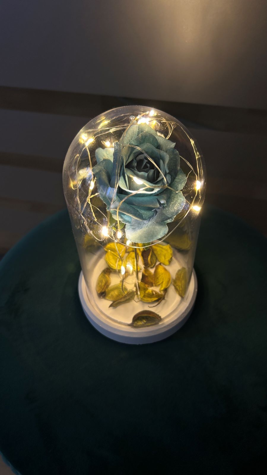 Blue rose illuminated glass fanus lamp