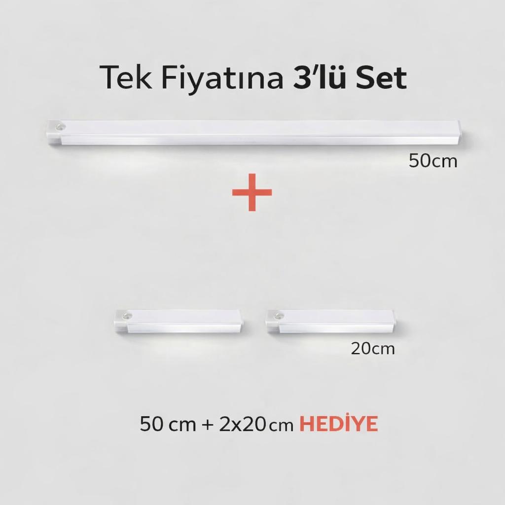 Şarjlı Sensörlü Çubuk LED Aydınlatma 50 cm | 2 Adet 20 cm Hediye