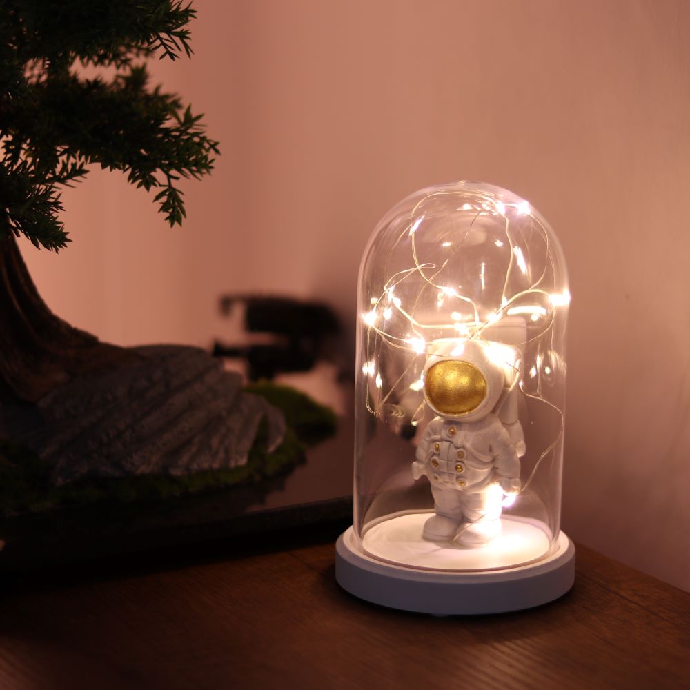 Illuminated Glass Fanus Gold Astronaut Figure Lamp