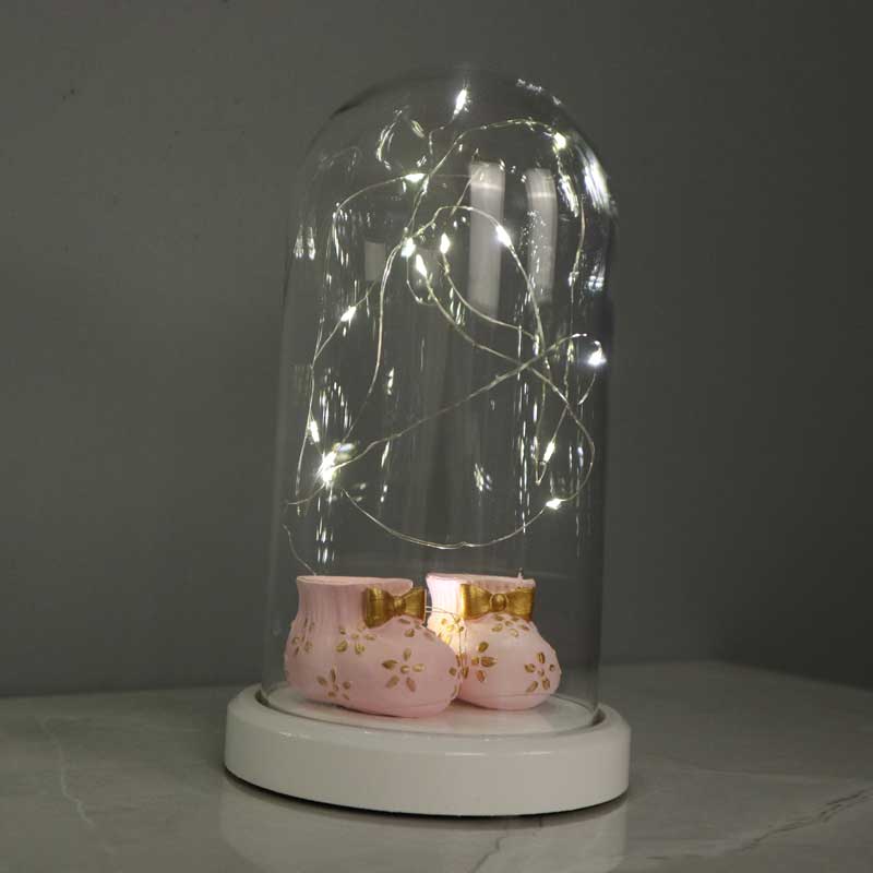 Illuminated glass fanus pink baby shoes figured lamp