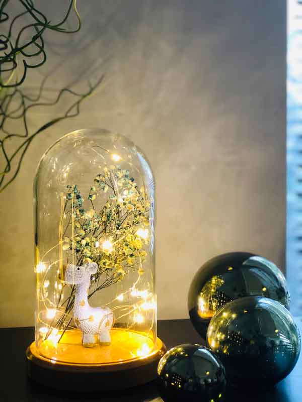 Illuminated Glass Fanus Blue Giraffe and Flower Figured Lamp