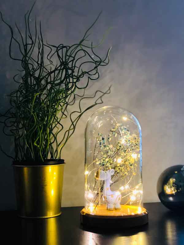 Illuminated Glass Fanus Blue Giraffe and Flower Figured Lamp