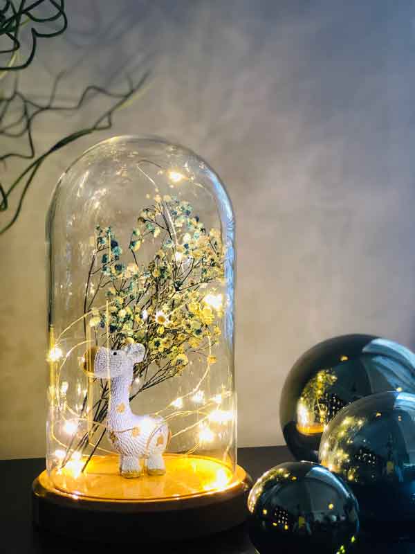 Illuminated Glass Fanus Blue Giraffe and Flower Figured Lamp