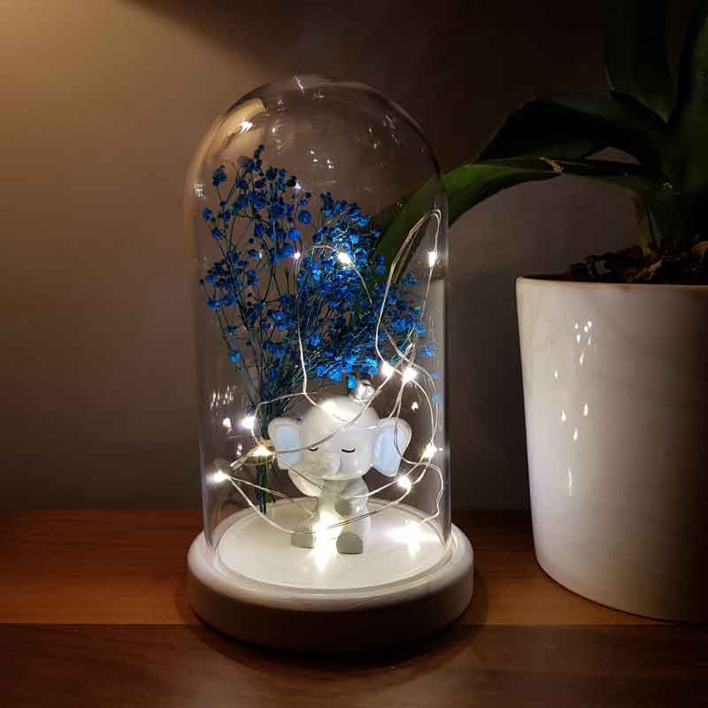 Illuminated Glass Fanus Blue Ear Elephant Figured Lamp