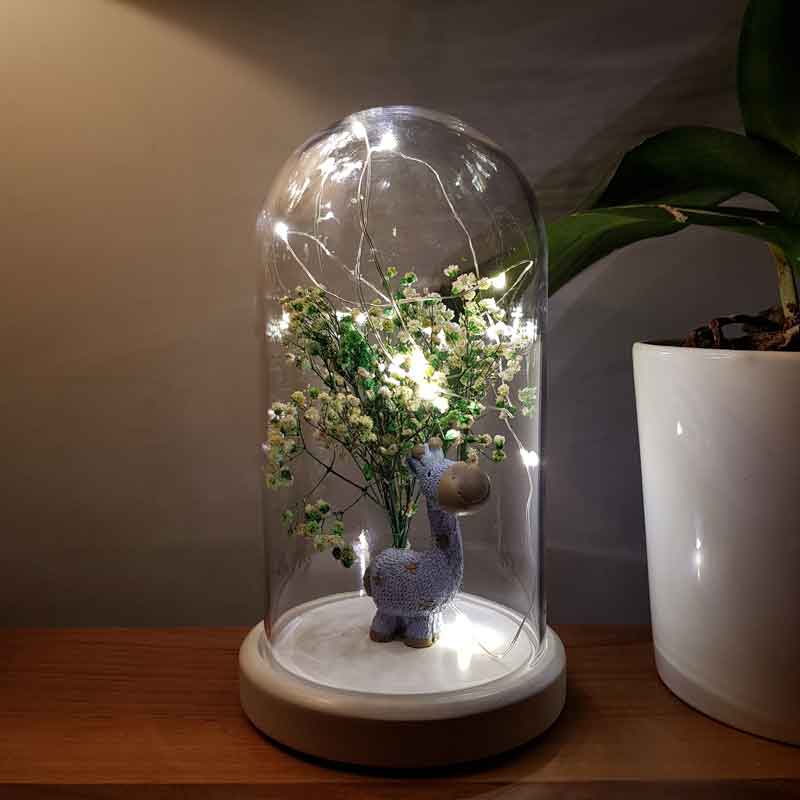 Illuminated Glass Fanus Blue Giraffe and Flower Figured Lamp