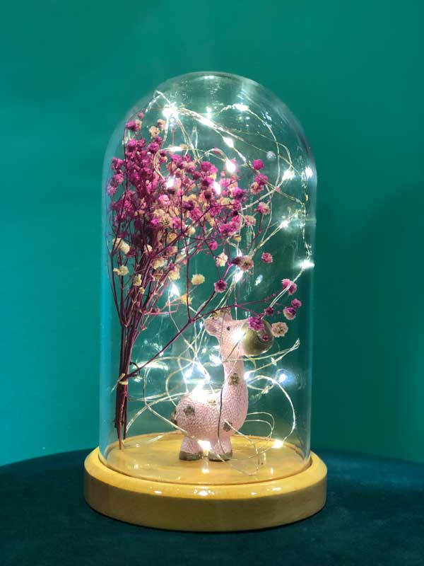 Illuminated Glass Fanus Pink Giraffe and Flower Figure Lamp