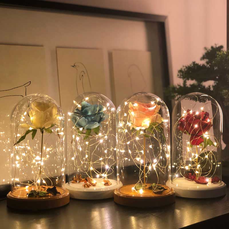 White Rose Illuminated Glass Fanus Lamp