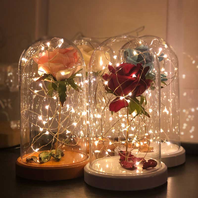 Blue rose illuminated glass fanus lamp