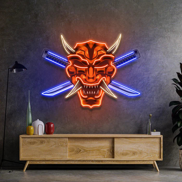 Çapraz Kılıç Maskeli Samuray Neon Lamba | ByLamp