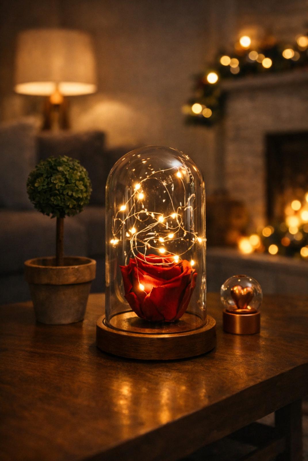 Red-faded rose illuminated glass fanus lamp