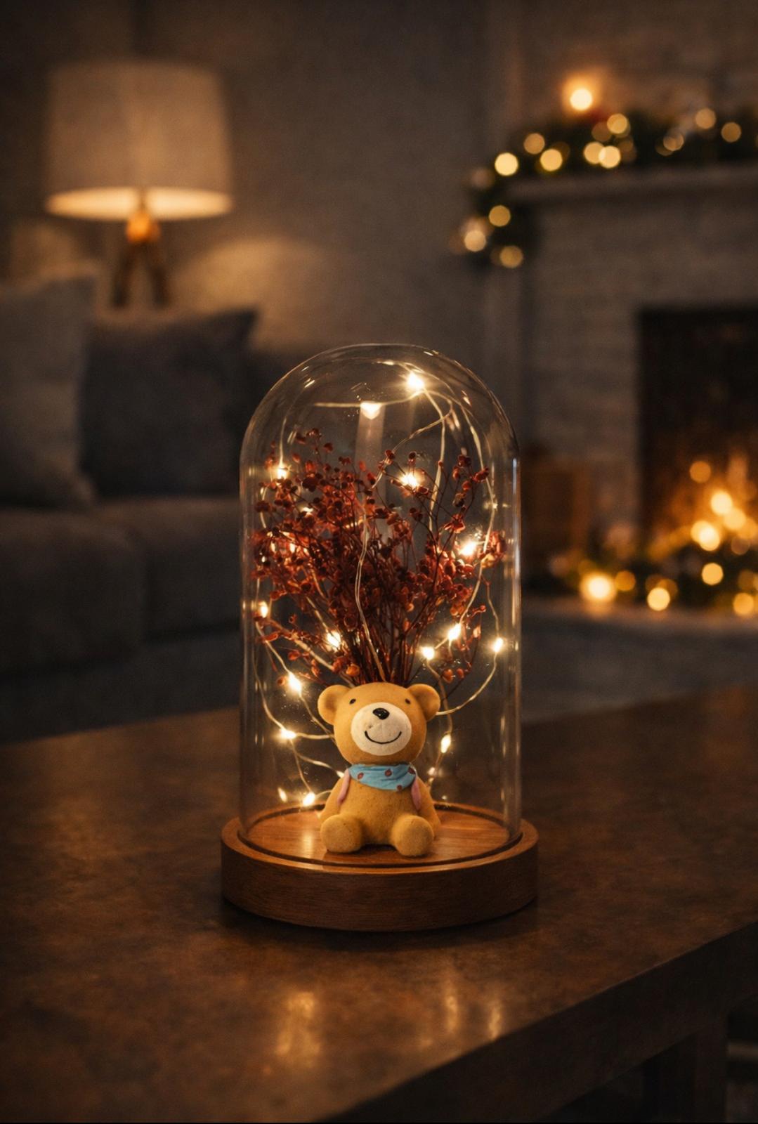 Işıklı Fanus Fularlı Ayı Figürlü Lamba