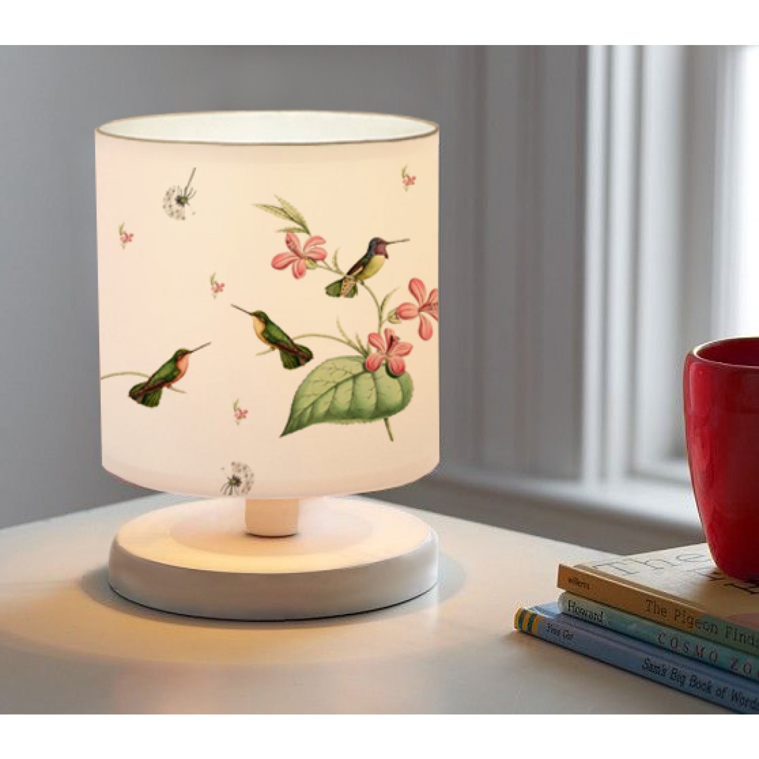 White Body Mini Lampshade Bird Patterned Fabric Table Lamp | ByLamp