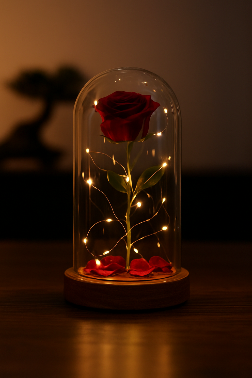 Kırmızı Gül Işıklı Fanus Led Masa Lambası