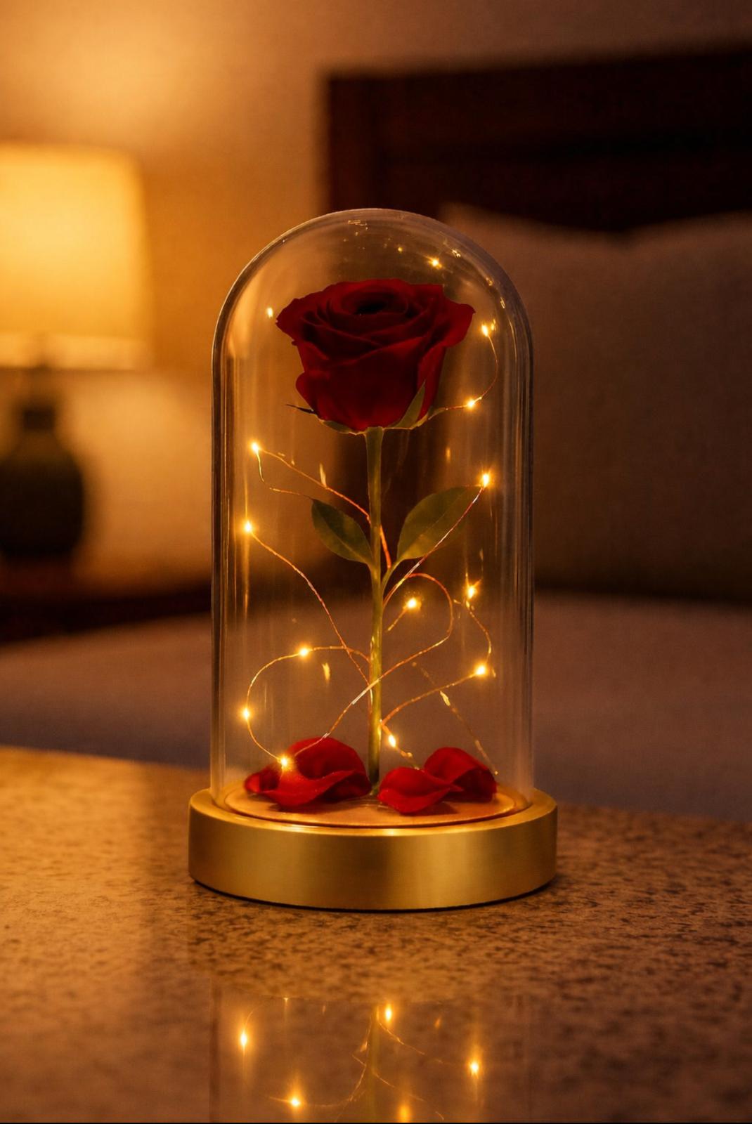 Kırmızı Gül Işıklı Fanus Led Masa Lambası