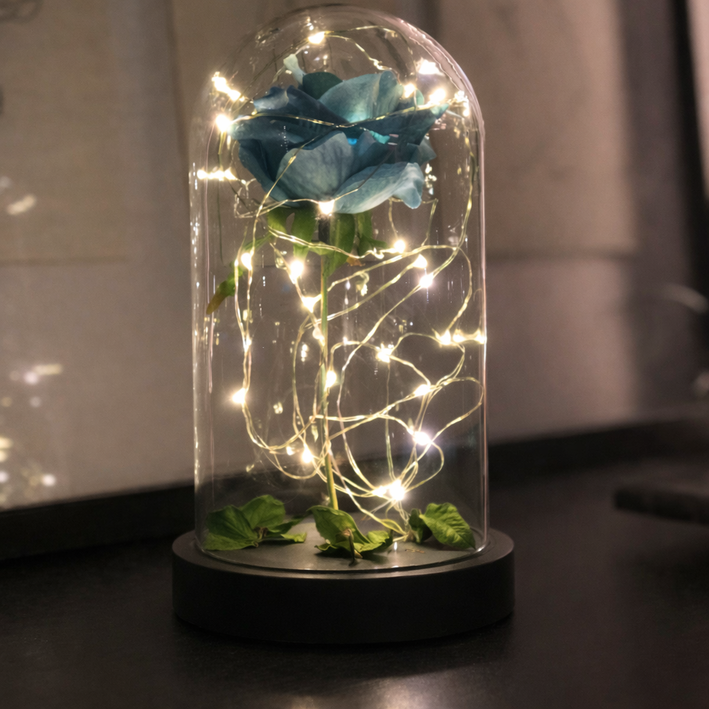 Mavi Gül Işıklı Fanus Lamba