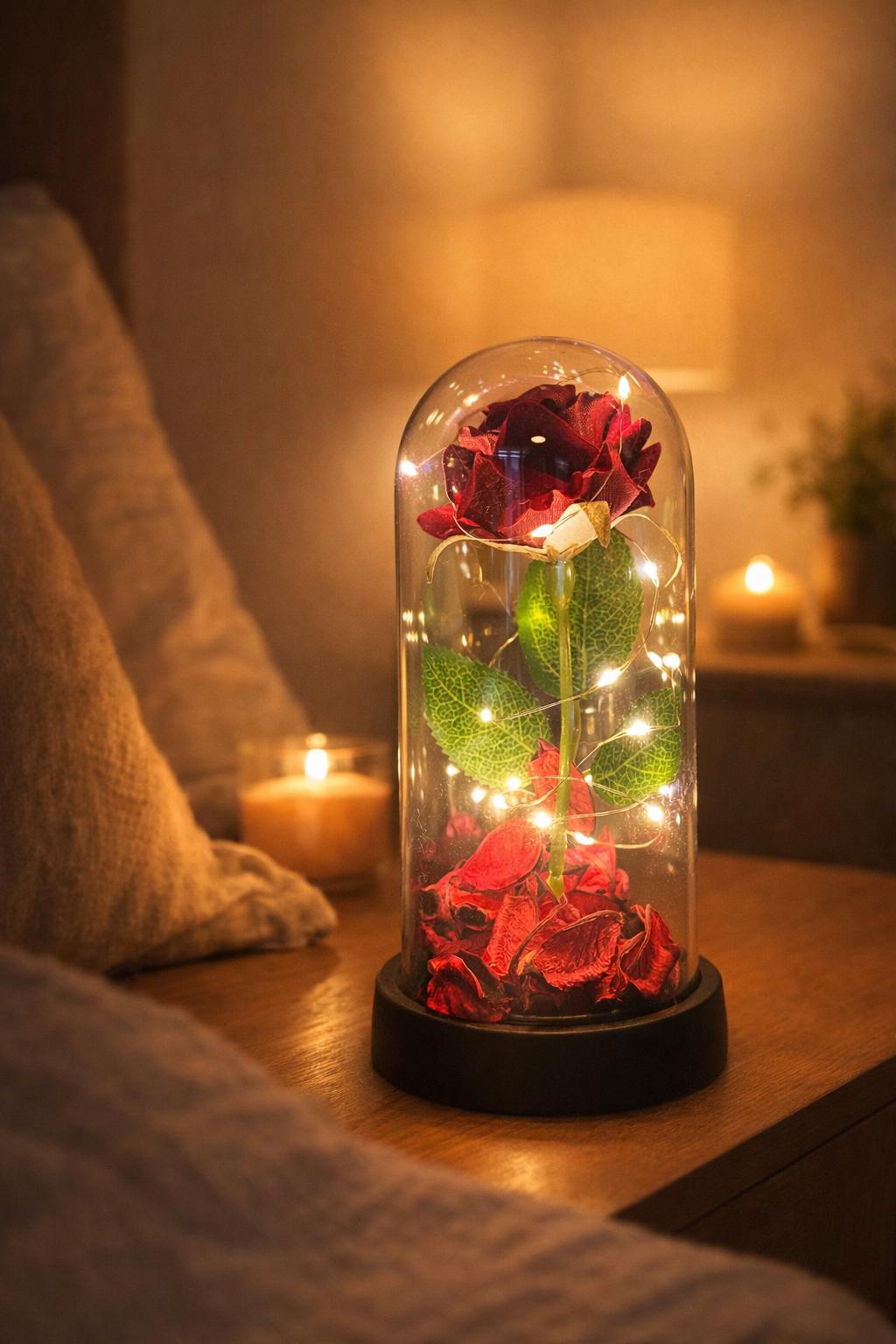 Sevgiliye Özel Kırmızı Gül Işıklı Fanus Led Masa Lambası