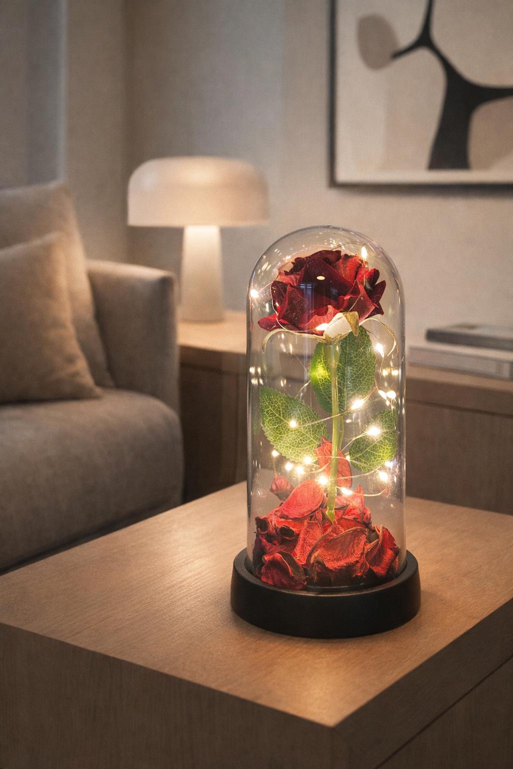 Sevgiliye Özel Kırmızı Gül Işıklı Fanus Led Masa Lambası