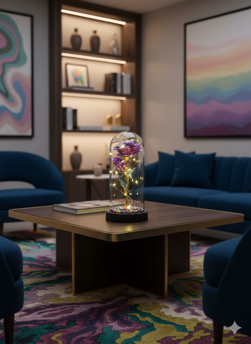 Sevgiliye Özel Işıltılı Mor Gül Fanus Lamba | ByLamp