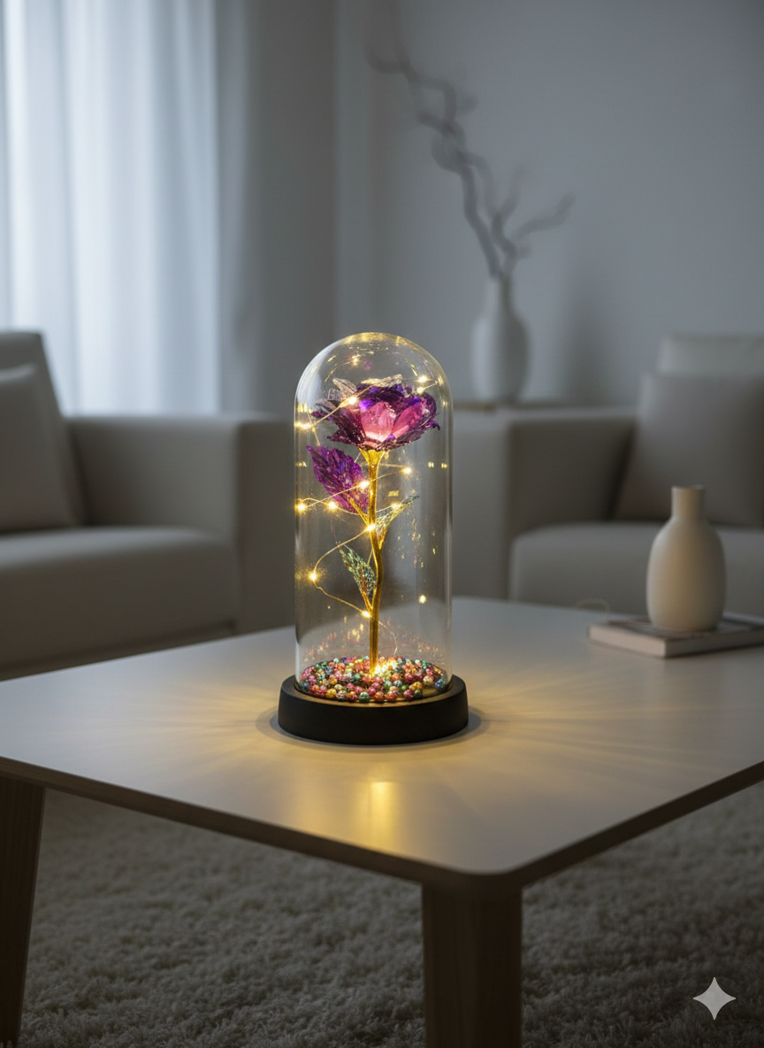 Sevgiliye Özel Işıltılı Mor Gül Fanus Lamba | ByLamp