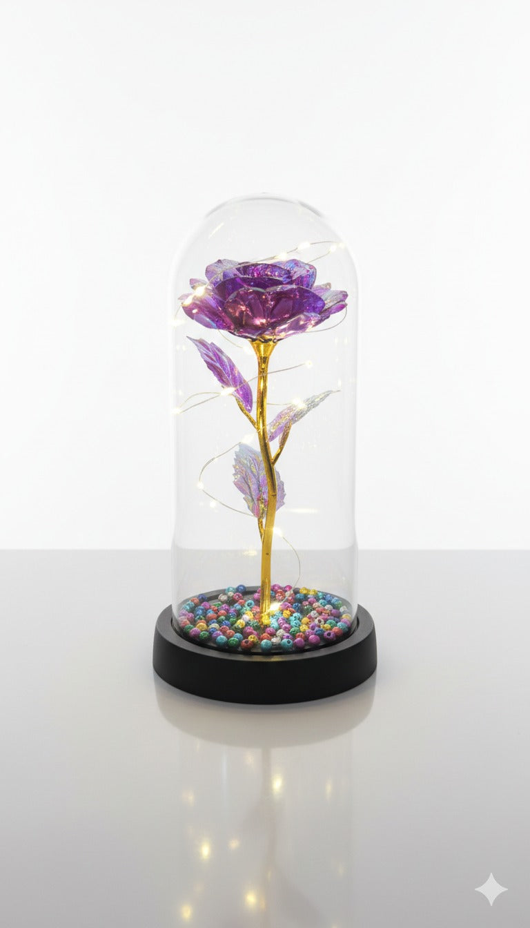 Sevgiliye Özel Işıltılı Mor Gül Fanus Lamba | ByLamp