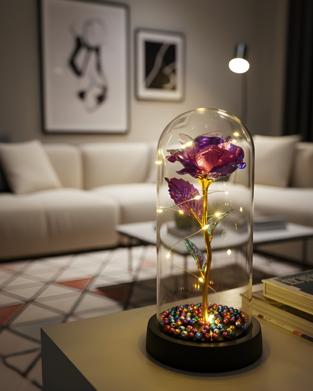 Sevgiliye Özel Işıltılı Mor Gül Fanus Lamba | ByLamp