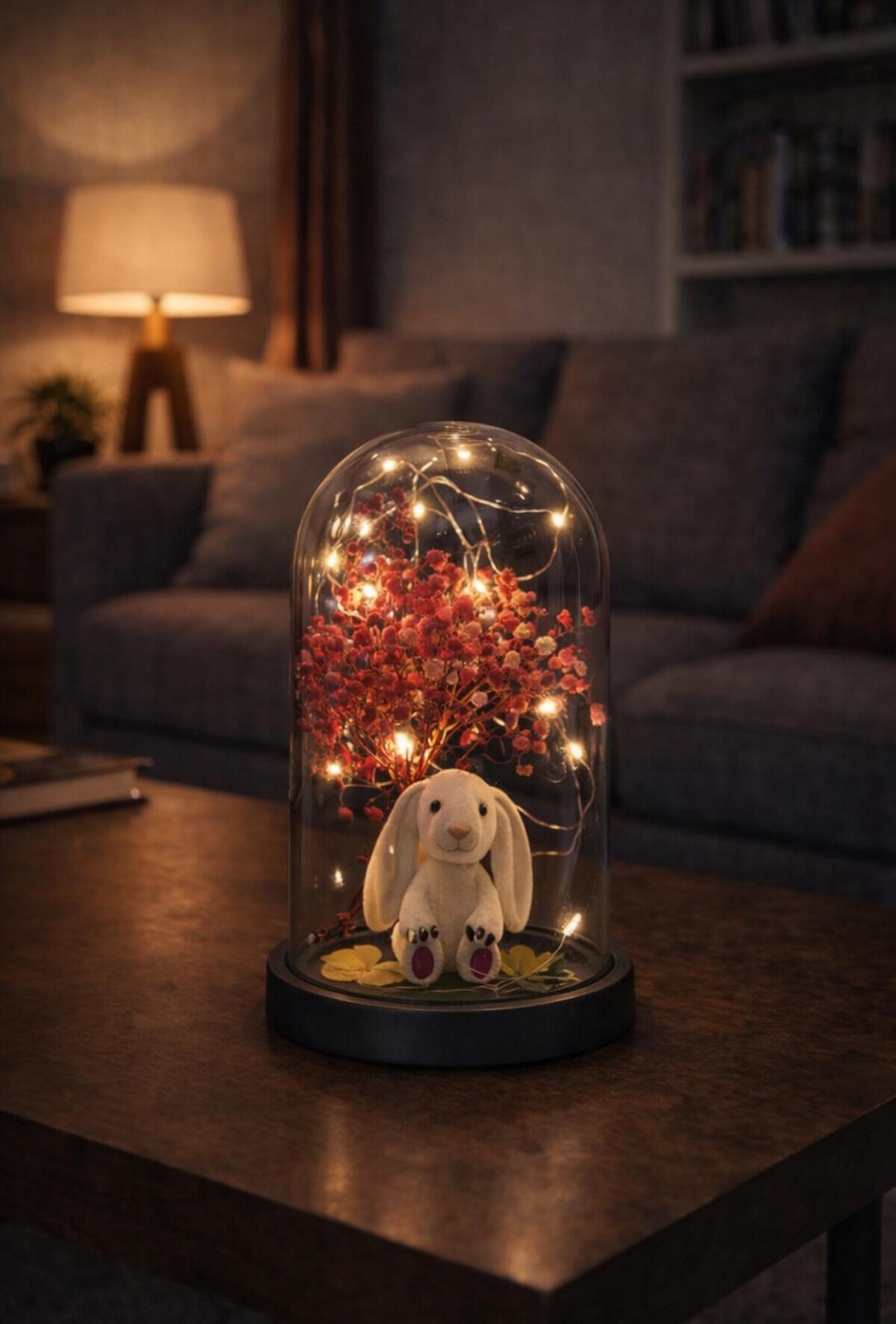 Işıklı Fanus Pembe Tavşan ve Çiçek Figürlü Lamba