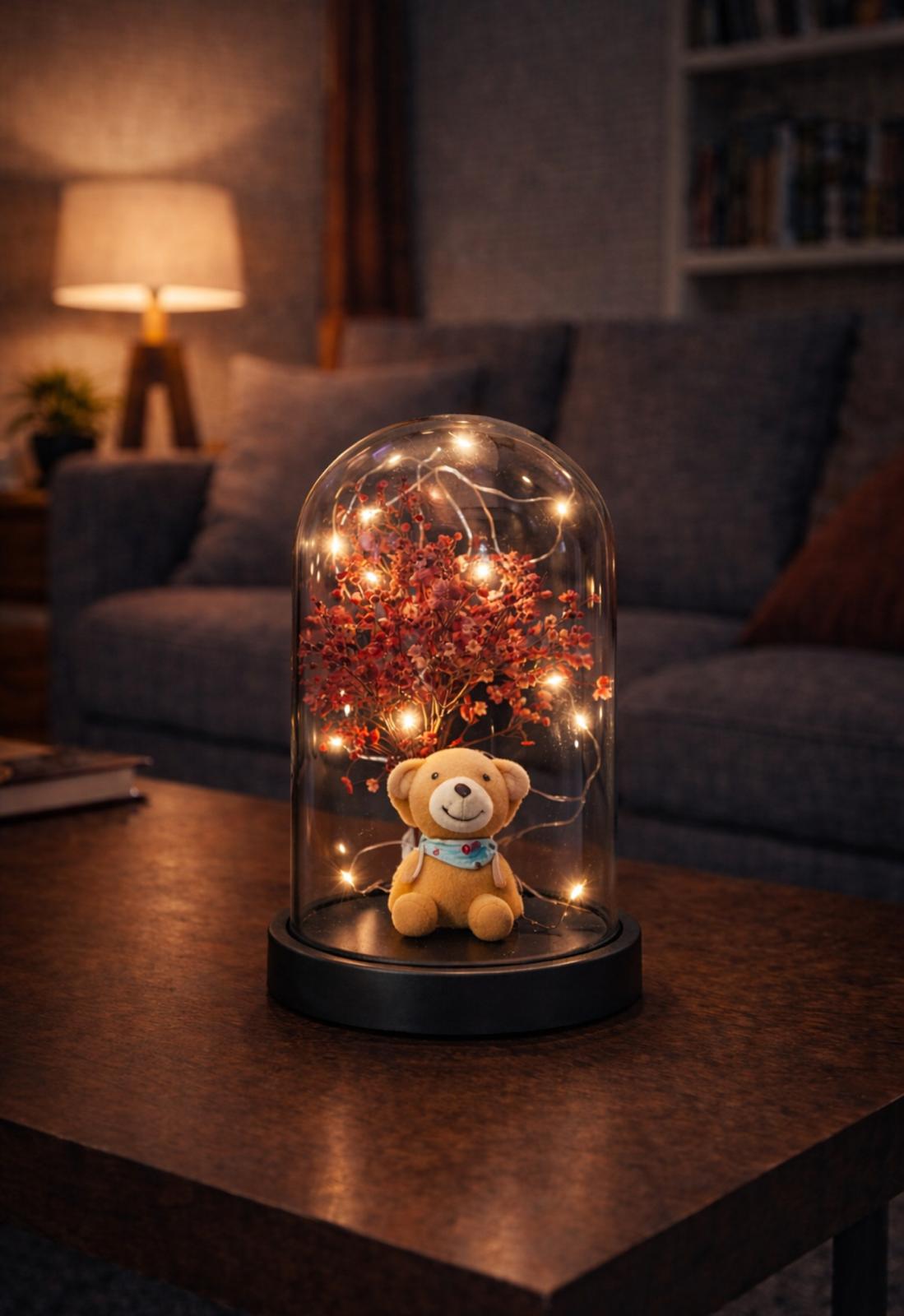 Işıklı Fanus Fularlı Ayı Figürlü Lamba