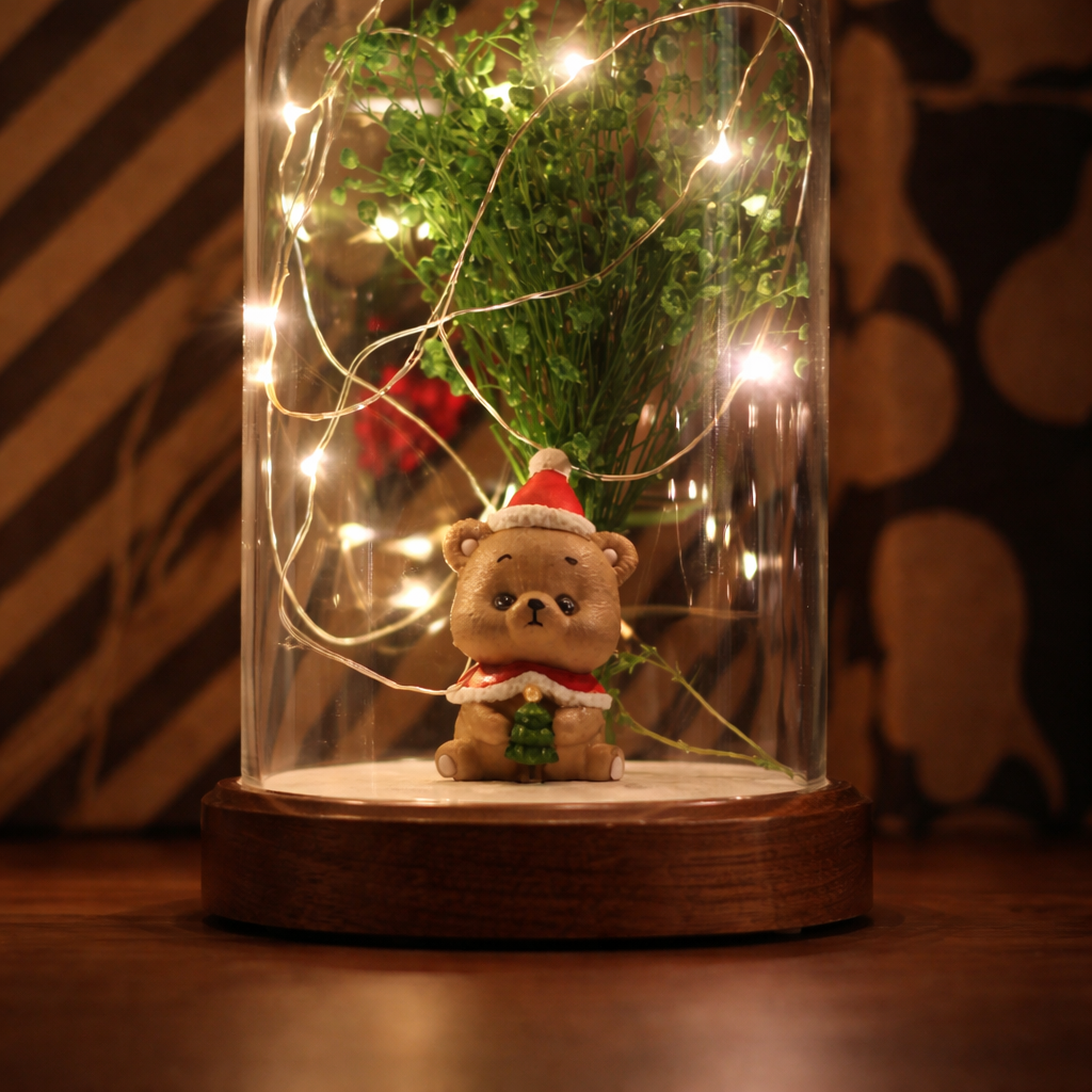 Işıklı Fanus Ayıcık ve Çiçek Figürlü Lamba