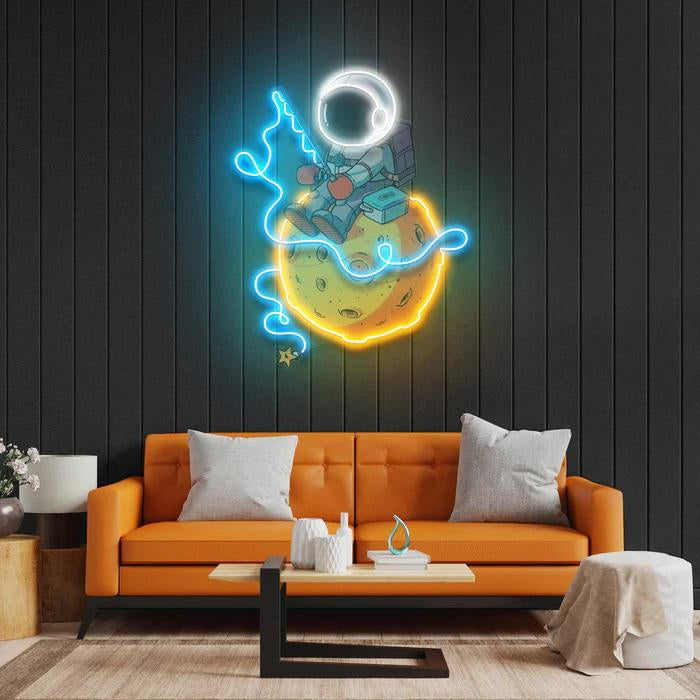 Led Neon Lamp with Astronaut Figure Holding Fish