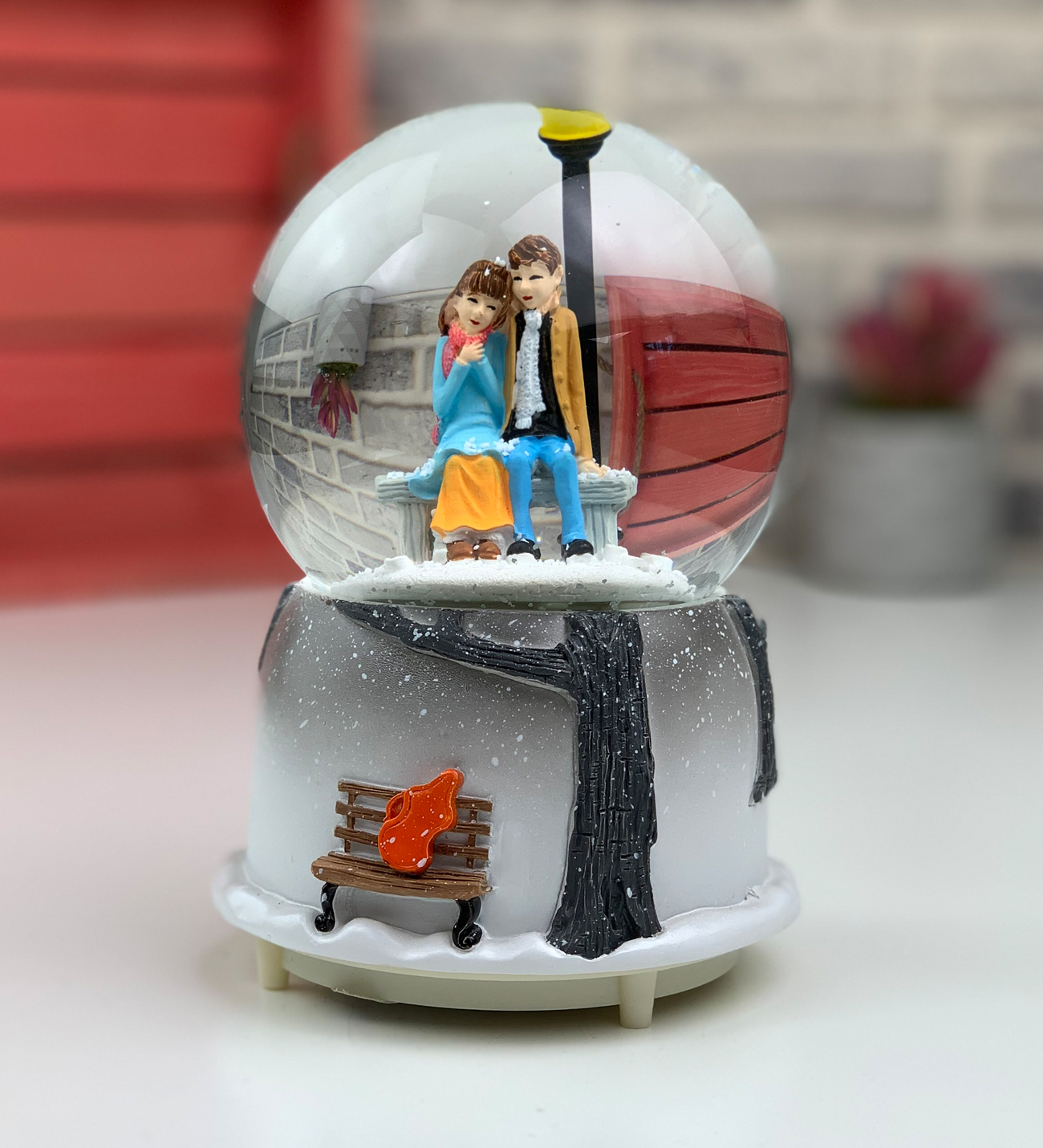 Couple Sitting on Bench Gift Snow Globe with Lights and Music