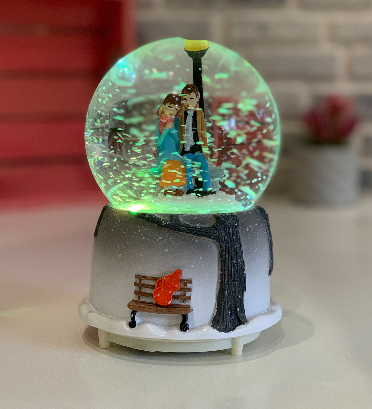 Couple Sitting on Bench Gift Snow Globe with Lights and Music