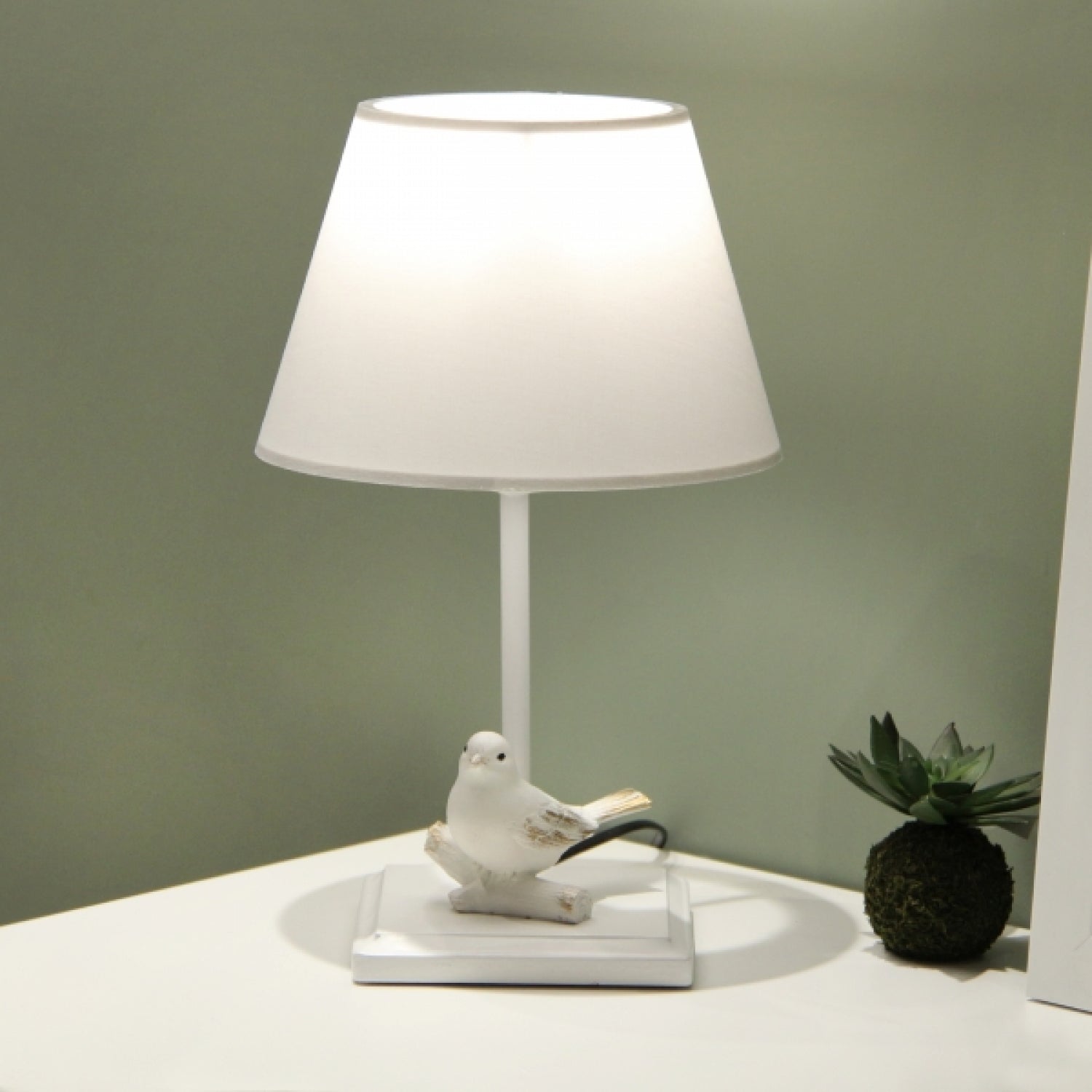 White Fabric Bird Design Lampshade Table Lamp | ByLamp