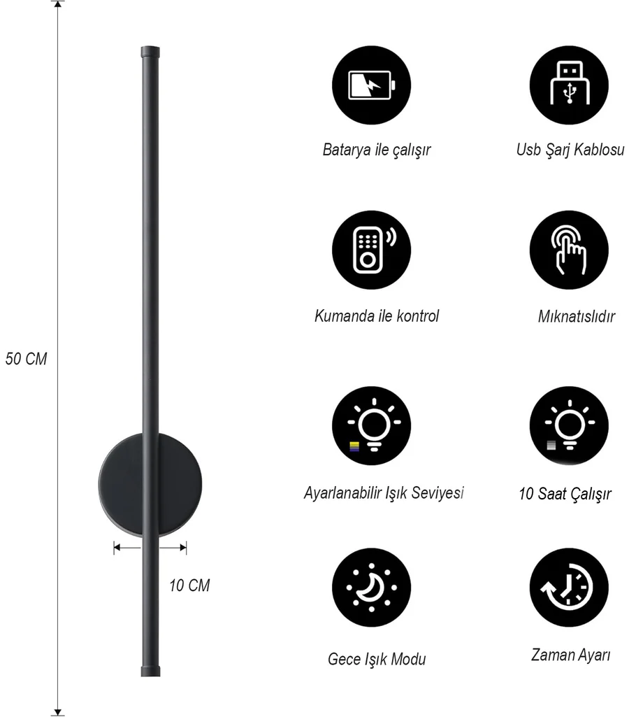 Duvara Yansımalı Şarjlı LED Siyah Olta Aplik | ByLamp