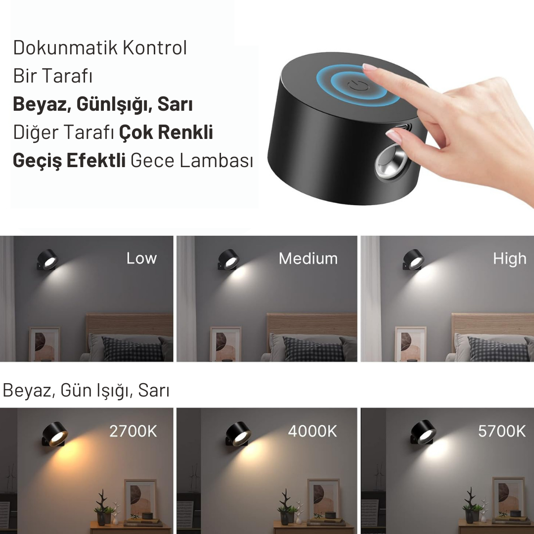 Çok Renkli Uzaktan Kumandalı Şarjlı Duvar Aplik Led Gece Lambası, 360° Dönebilir | ByLamp