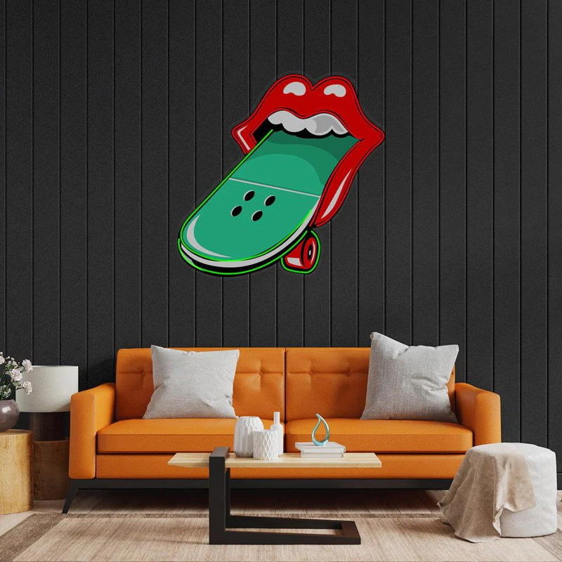 Neon Sign with Lips and Skateboard Figure