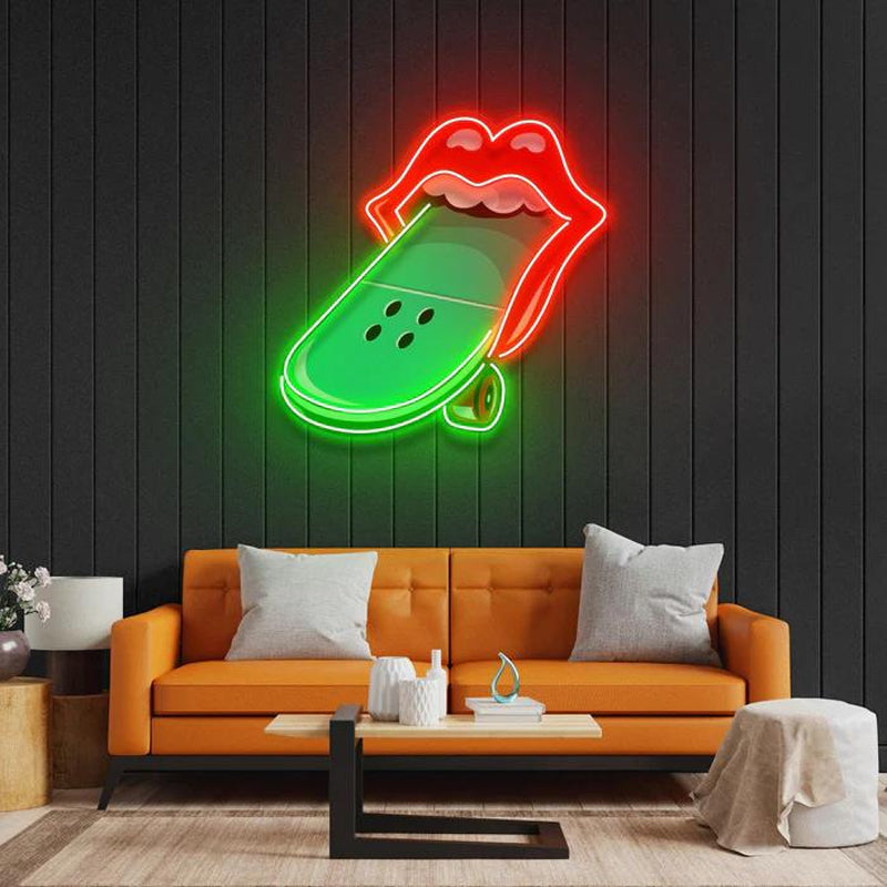 Neon Sign with Lips and Skateboard Figure