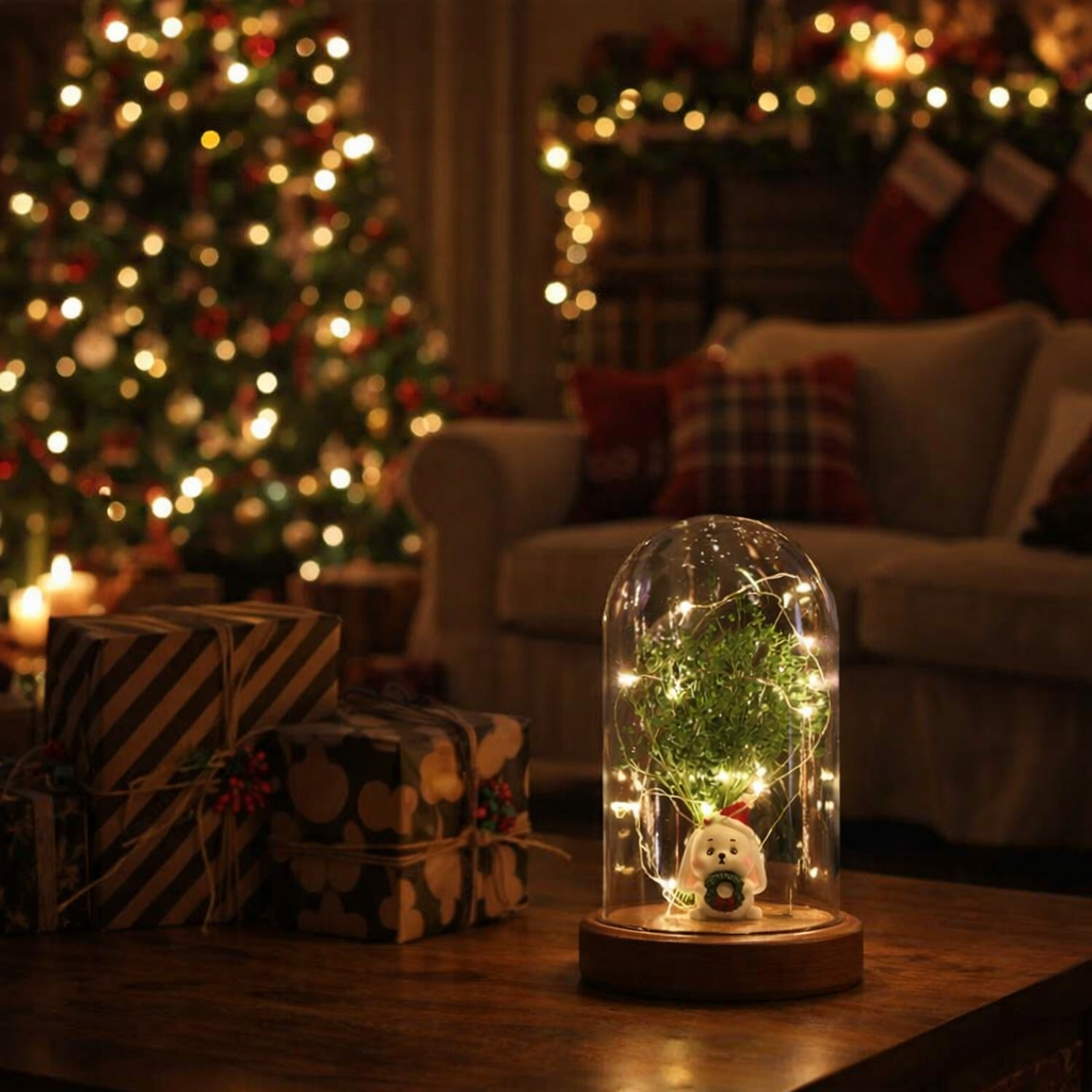 Işıklı Fanus Tavşancık ve Çiçek Figürlü Lamba