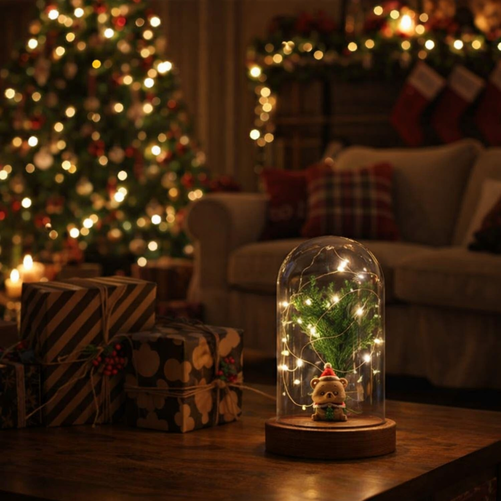 Işıklı Fanus Ayıcık ve Çiçek Figürlü Lamba