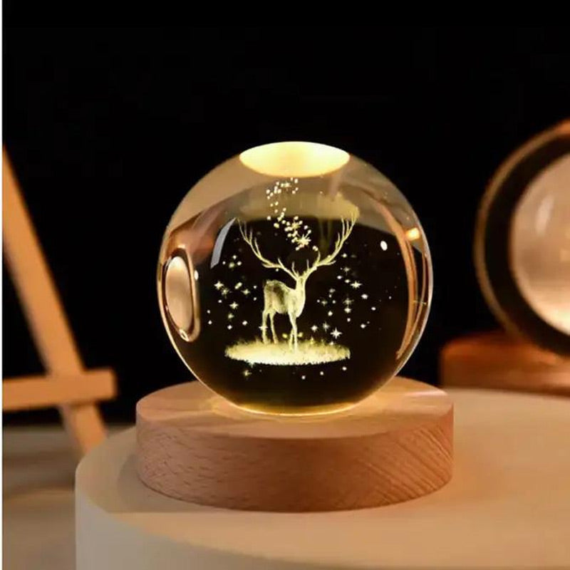 Deer Crystal Ball Night Light Wooden USB Base