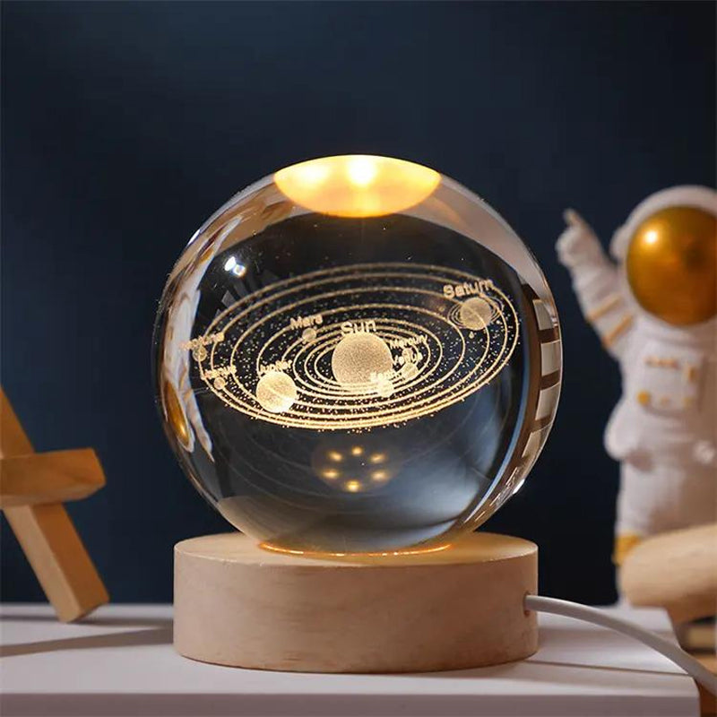 Solar System Crystal Ball Night Light Wooden USB Base