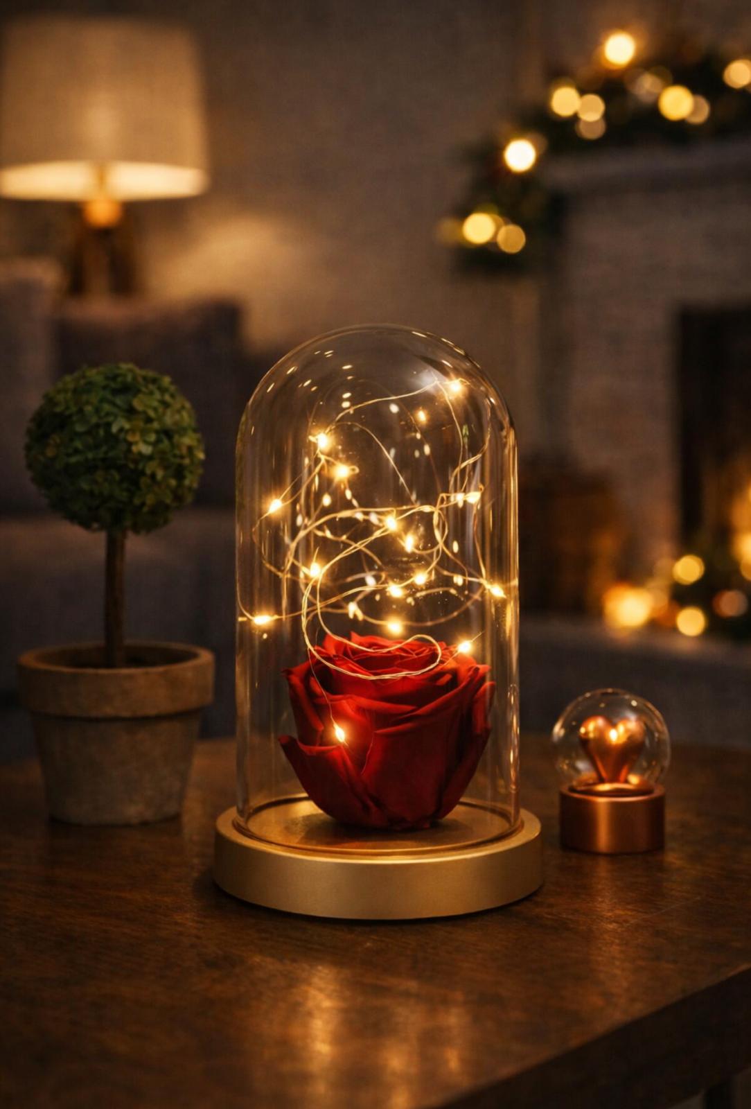 Kırmızı Solmayan Gül Işıklı Fanus Lamba