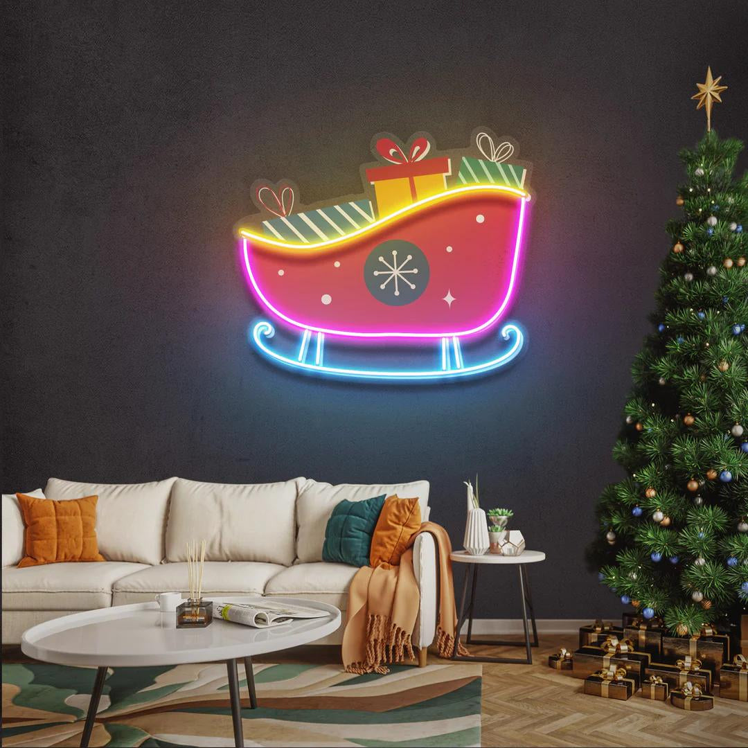 Led Neon Sign with Sled and Gift Packages Figures