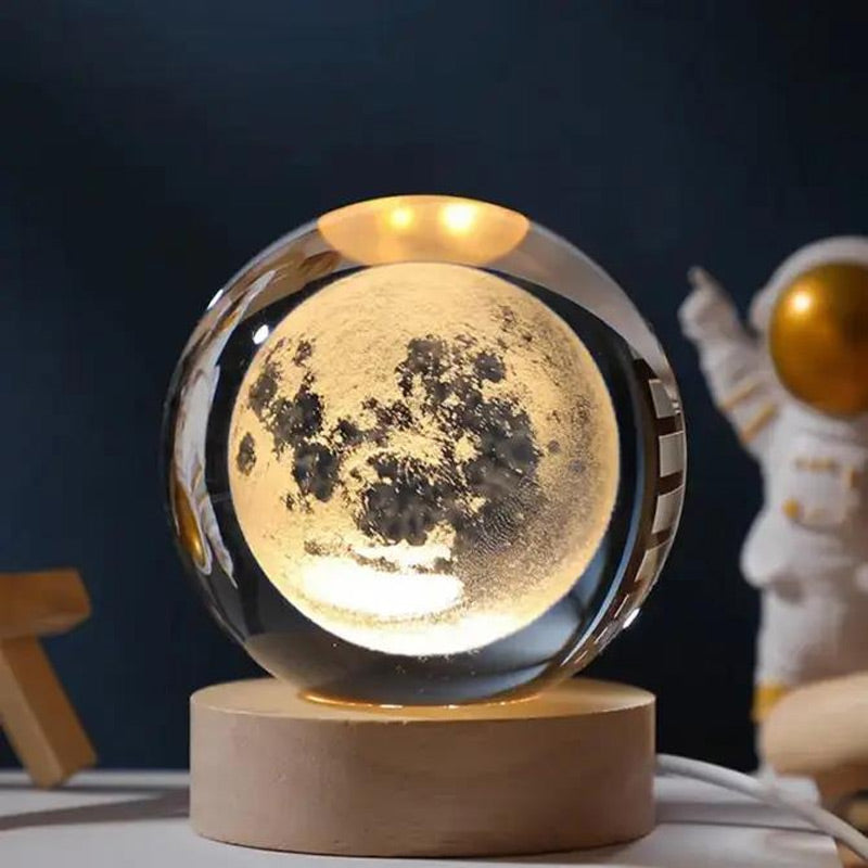 Crystal Glass Globe Moon Lamp Wooden USB Base