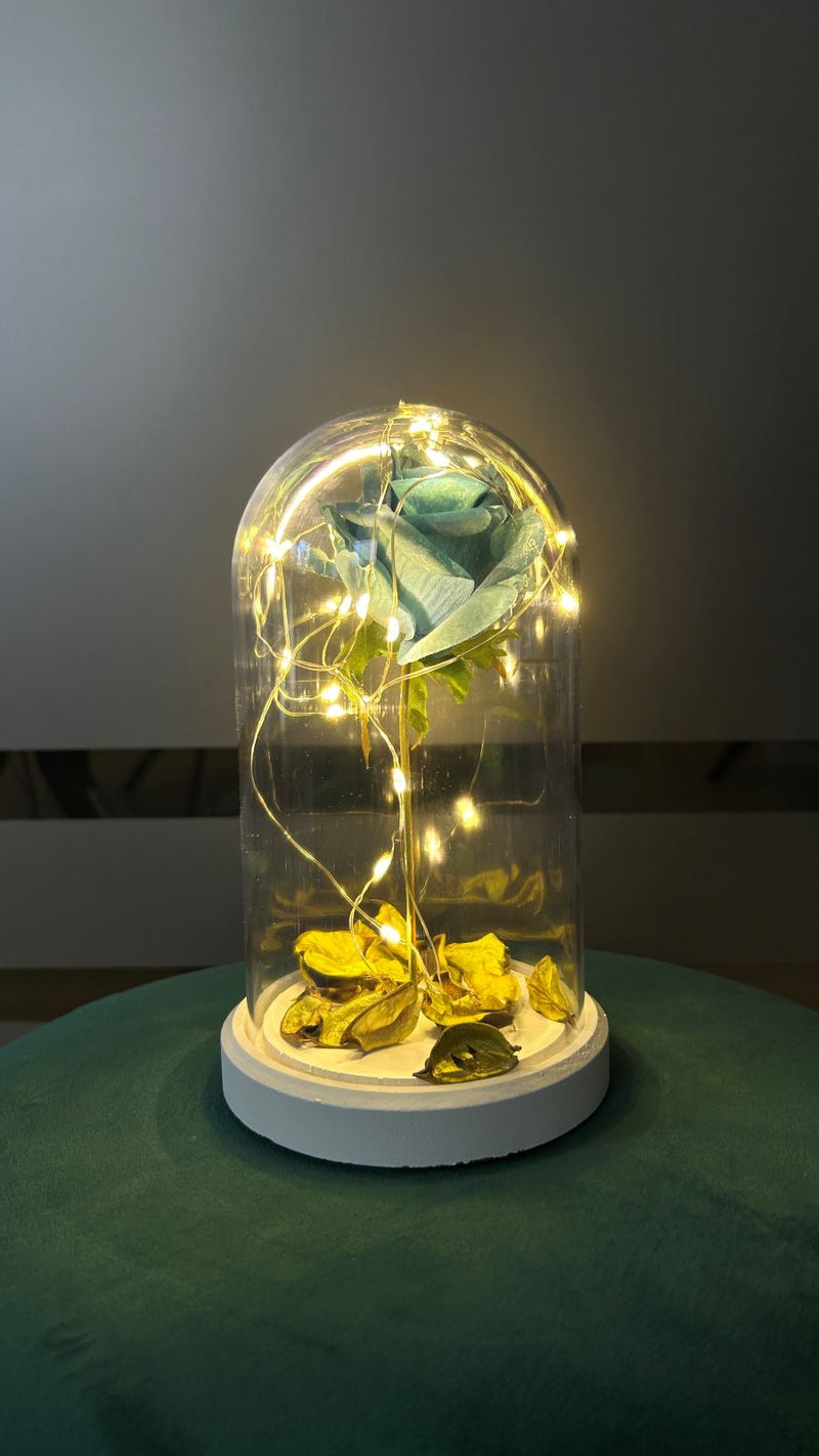 Blue rose illuminated glass fanus lamp